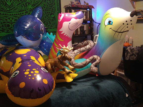 Same toys as previous image, in addition, Viktor (Bestway Splashin' Salamander), Snake (Dalen Products Natural Enemy Snake)